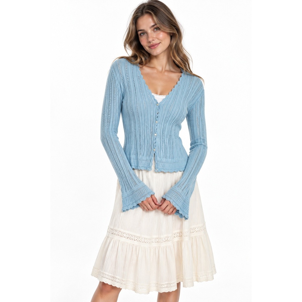 Vintage Chadwick's Pointelle Cardigan M Blue Bell Sleeve Coquette Romantic 90s